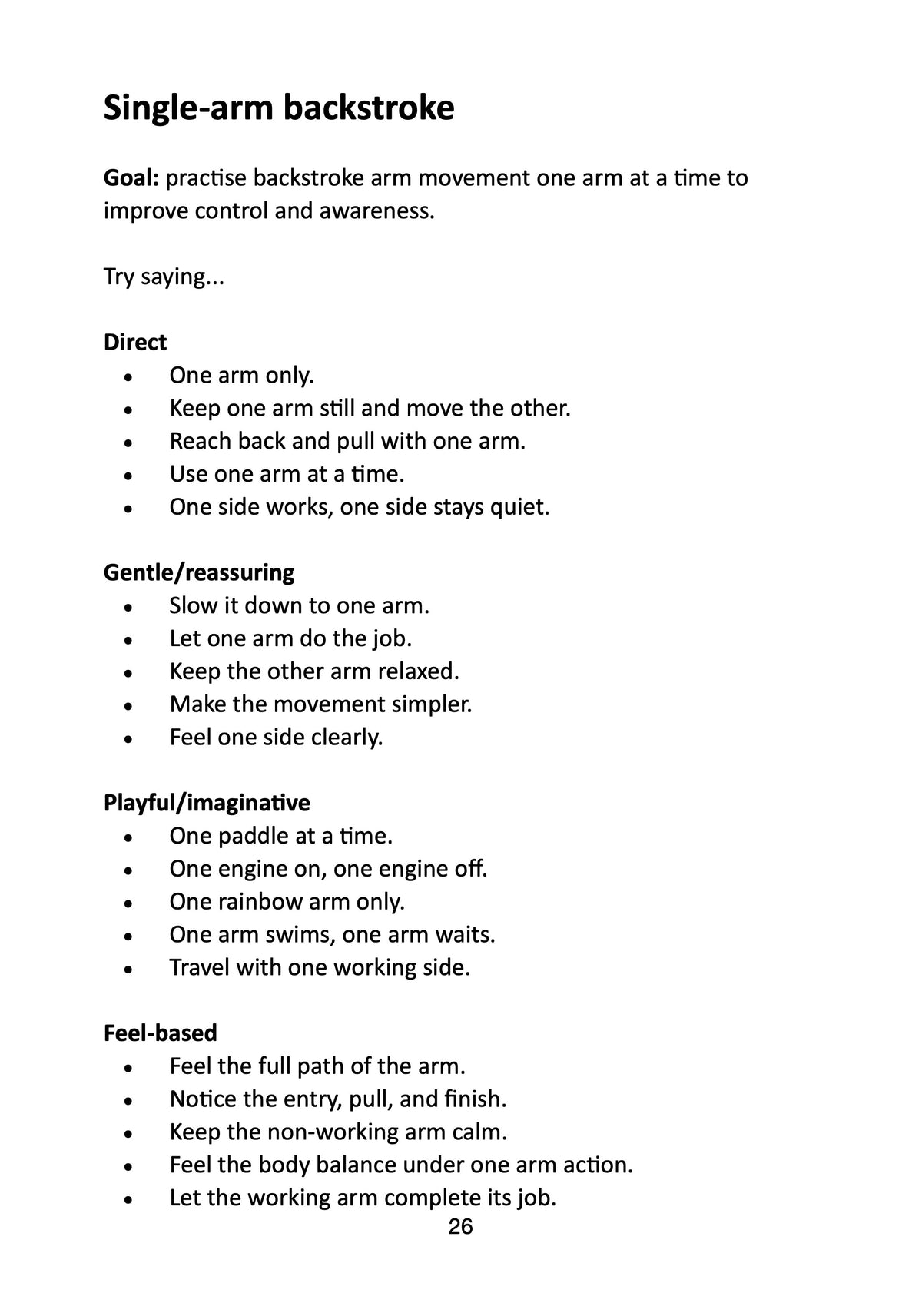 Teaching backstroke phrases and alternative cues sample page