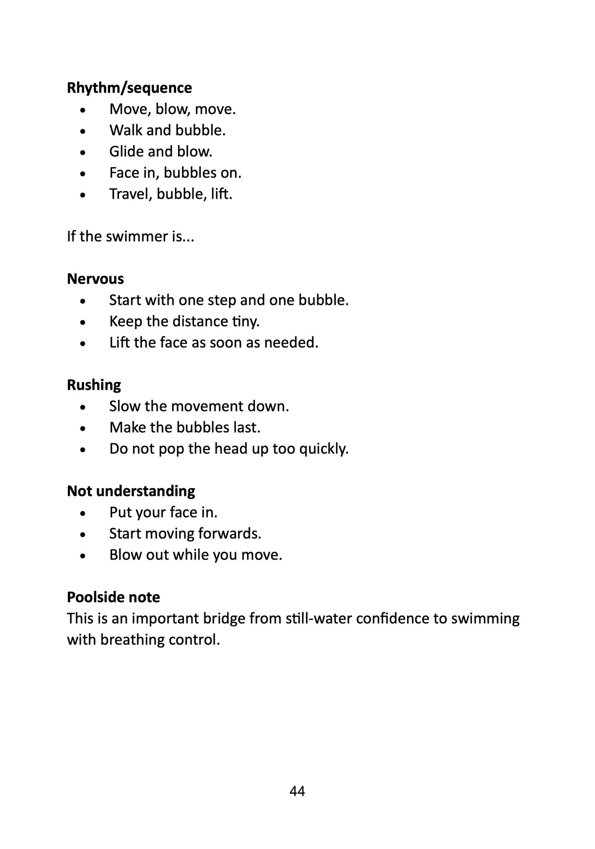 Beginner swimming teaching cues and alternative phrases for swimming teachers