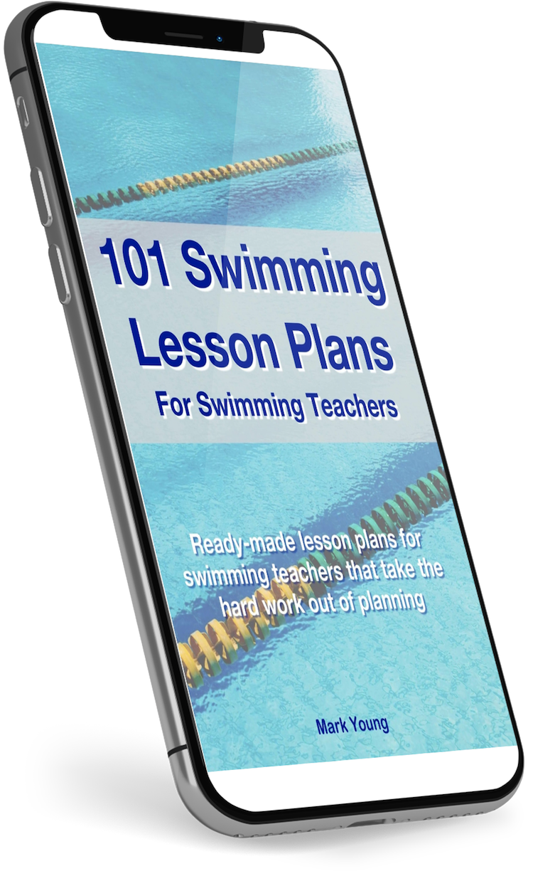 Phone displaying '101 Swimming Lesson Plans For Swimming Teachers' book cover with pool image.
