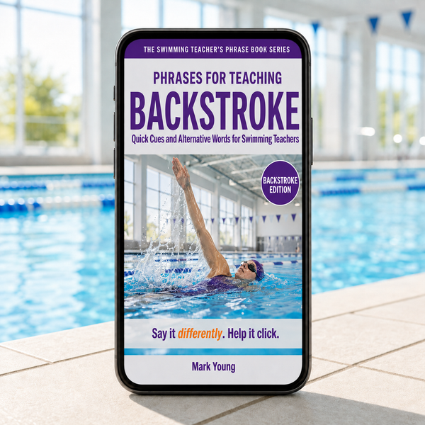 Backstroke teaching phrase book for swimming teachers displayed on a mobile device