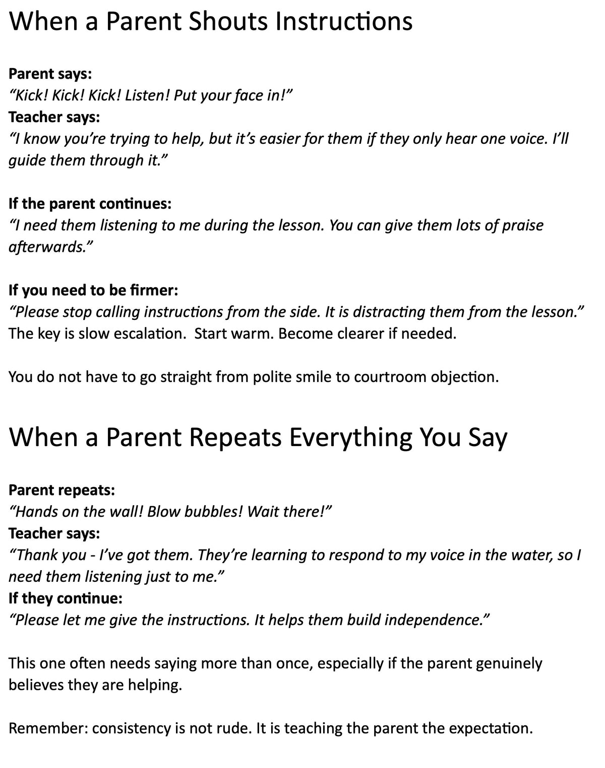 Text-based advice on how to handle parents who shout instructions or repeat everything said during swimming lessons.