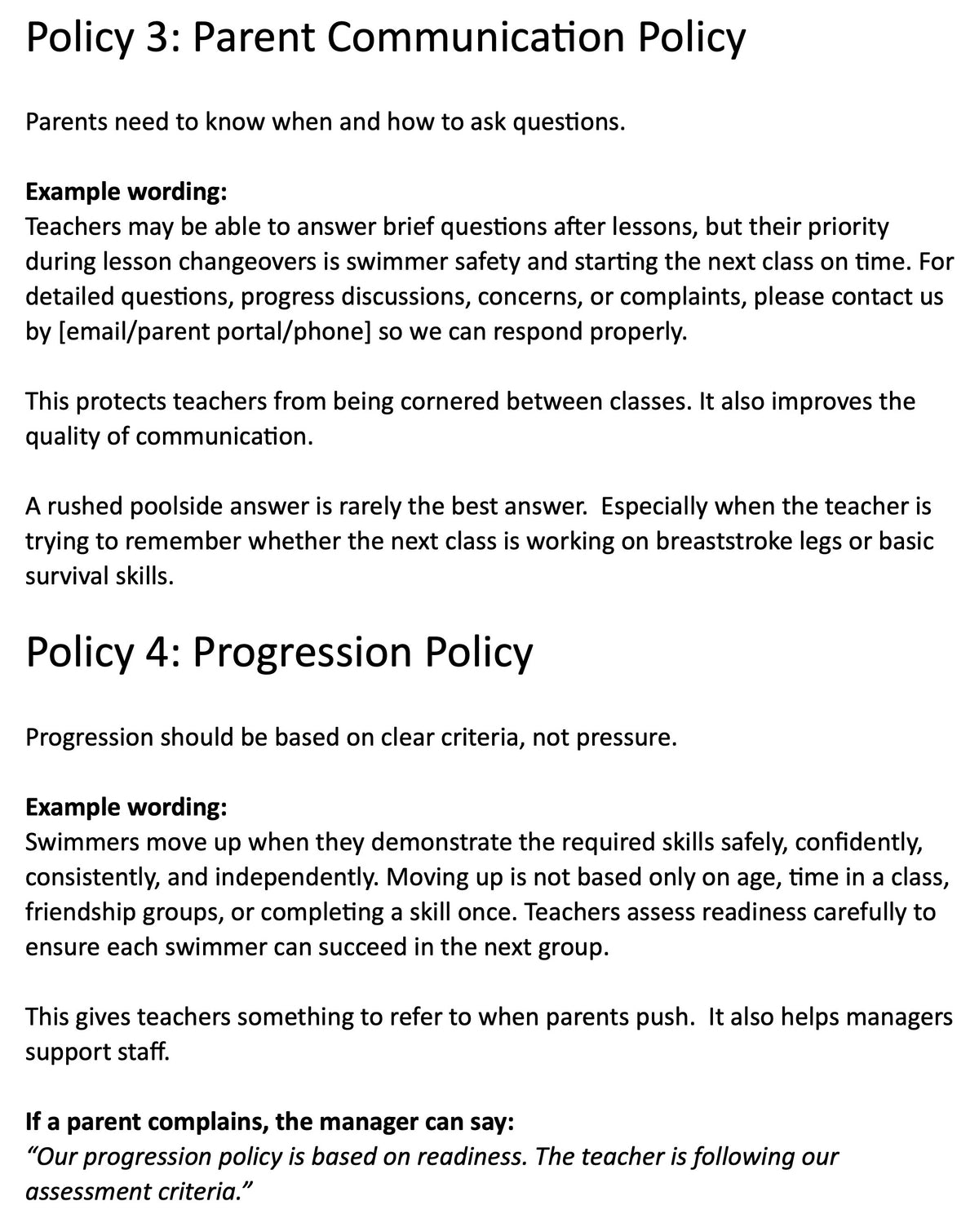Text document with policy details on parent communication and progression policies guidance for swimming teachers.