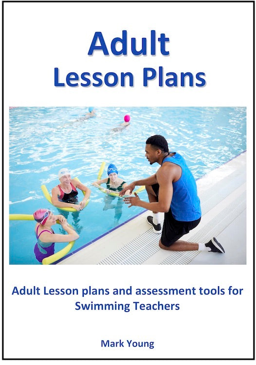 Cover of the book 'Adult Lesson Plans' showing a swimming instructor with adults in a pool, focusing on teaching swimming techniques.