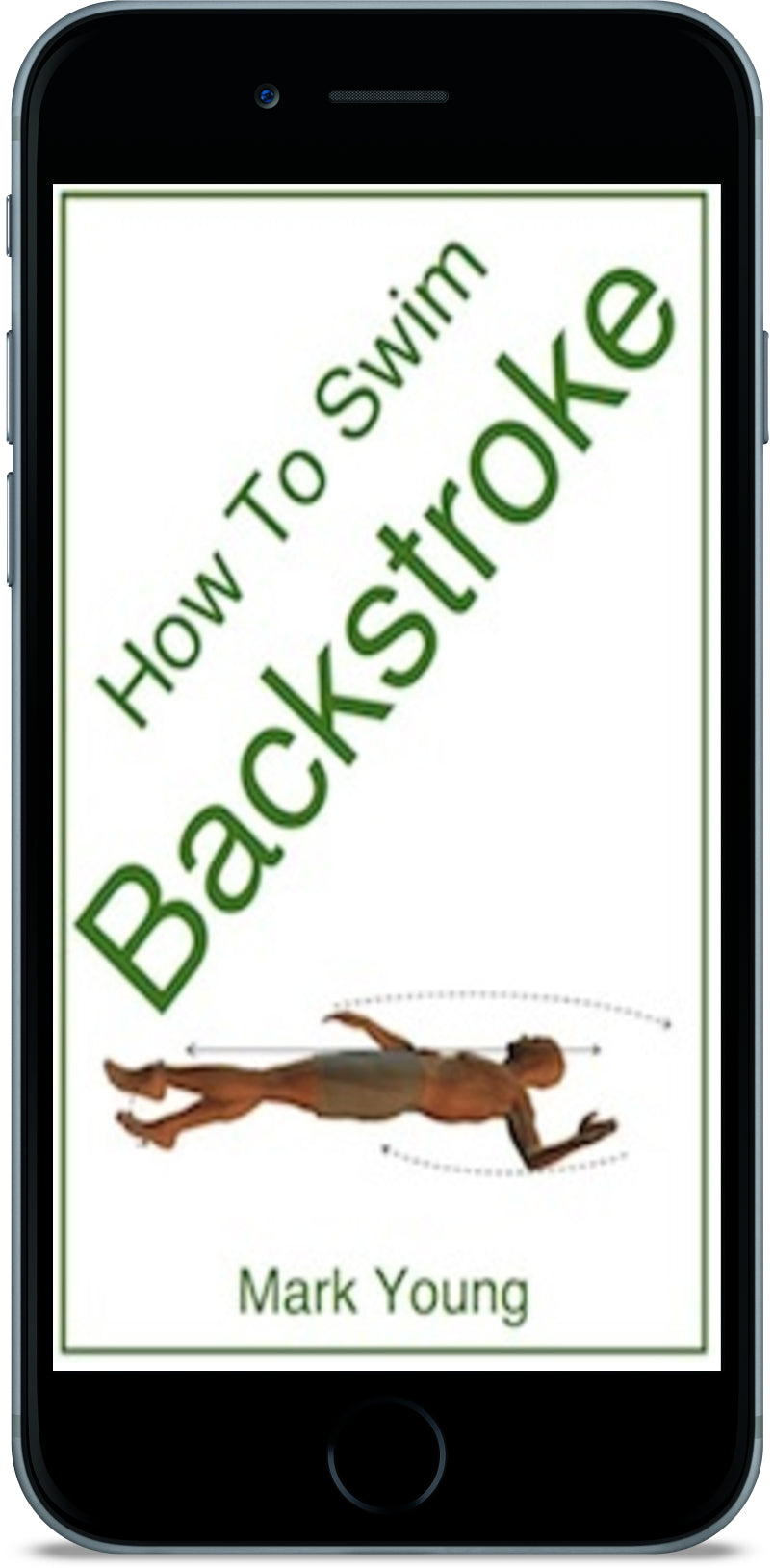 Phone displaying a book cover titled 'How To Swim Backstroke' by Mark Young.