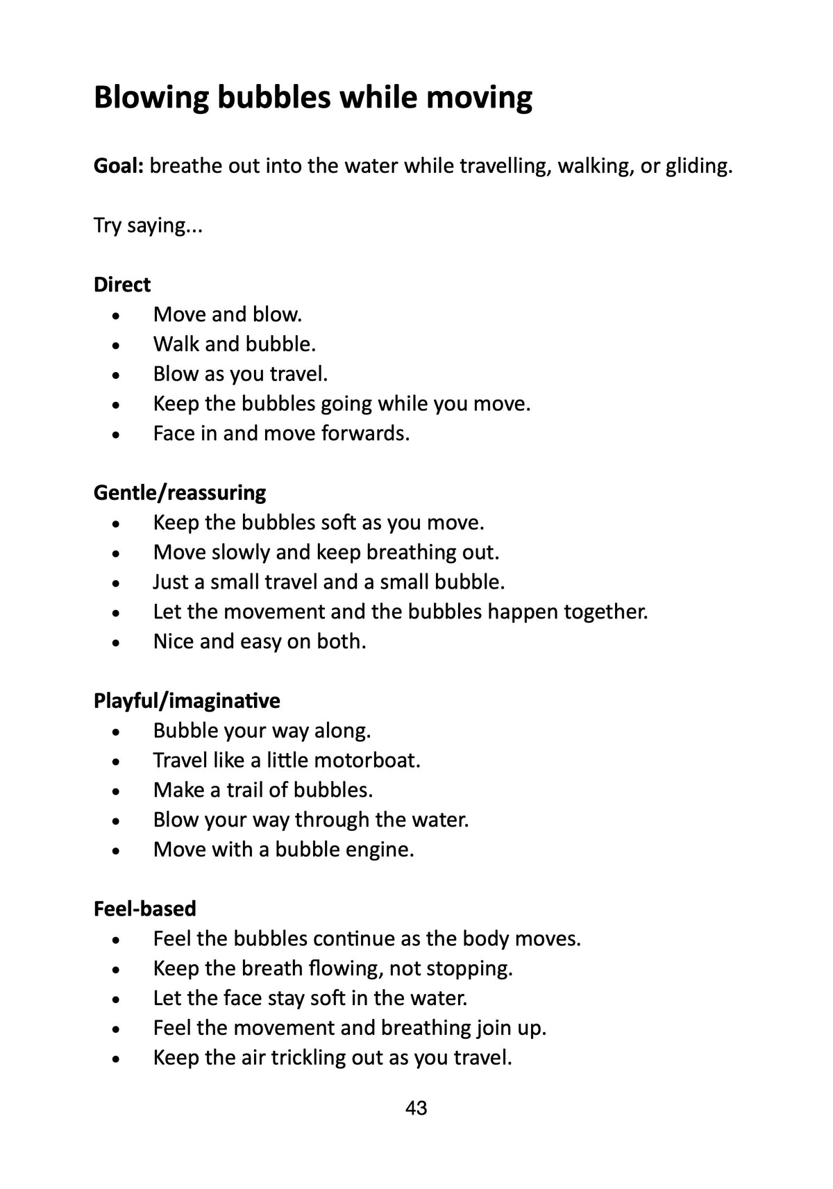 Beginner swimming teaching cues and alternative phrases for swimming teachers