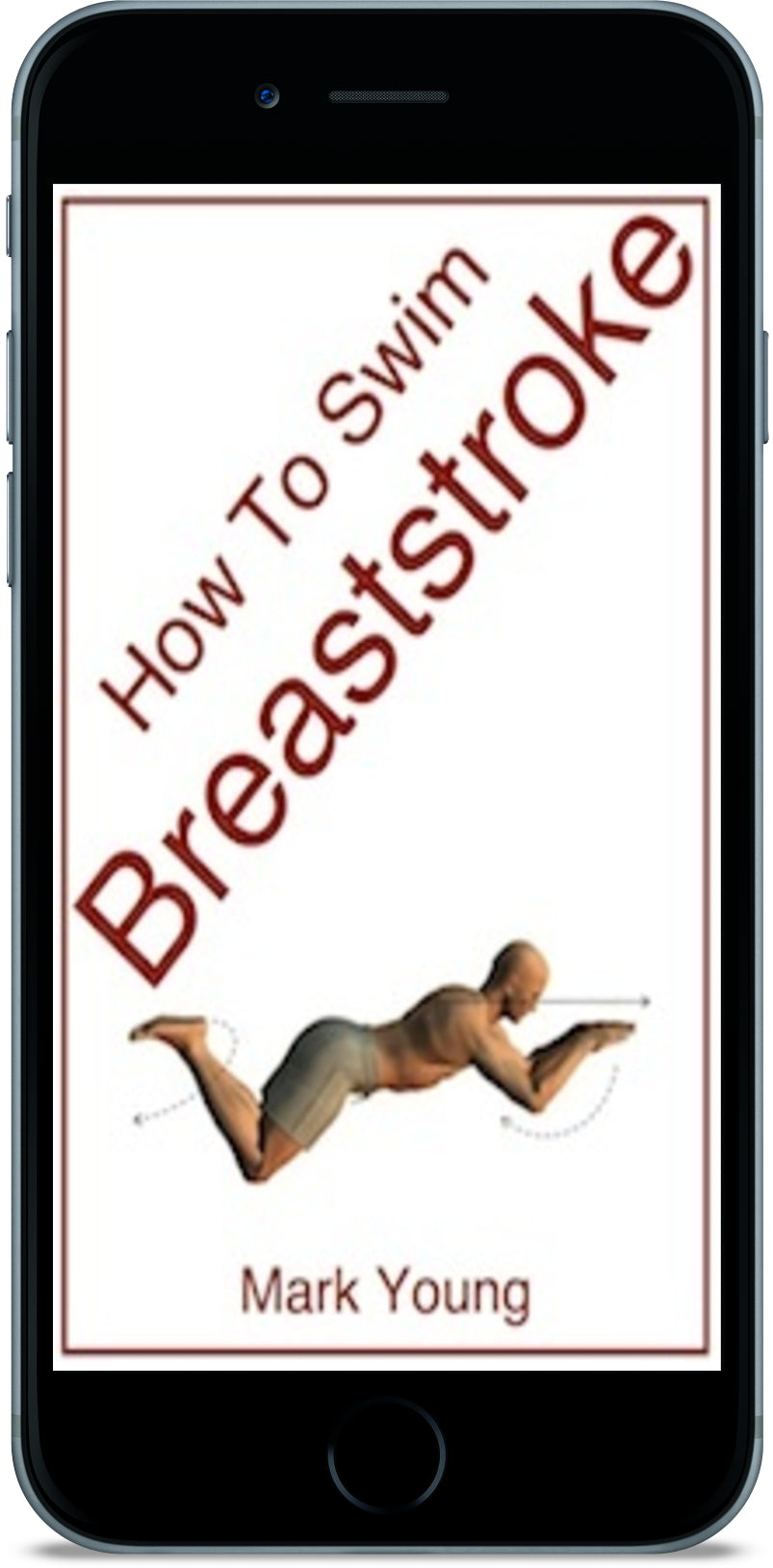 Phone displaying a book cover titled 'How To Swim Breaststroke' by Mark Young.