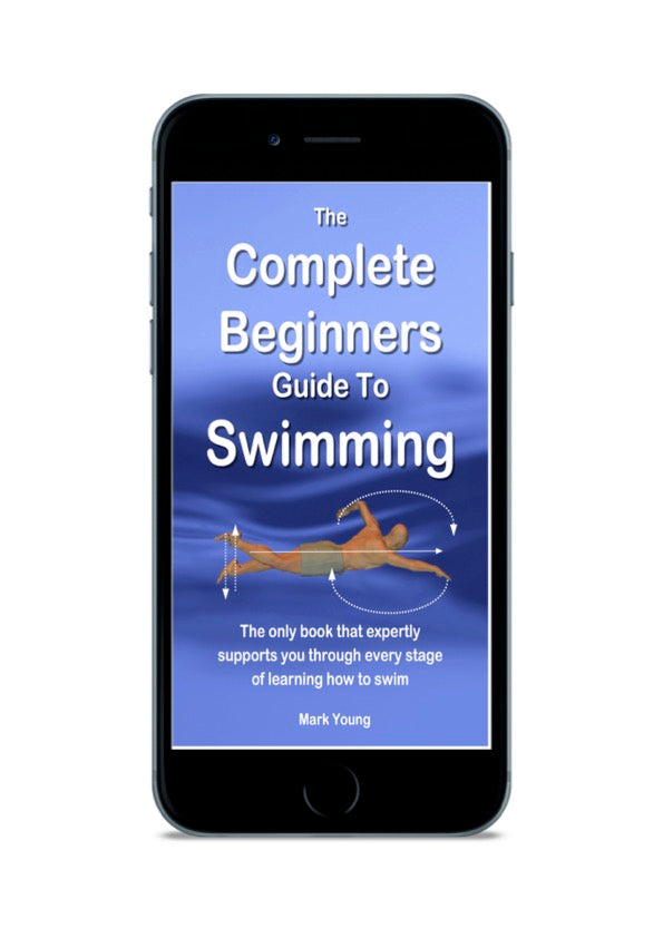 Phone displaying 'The Complete Beginners Guide To Swimming' on a white background
