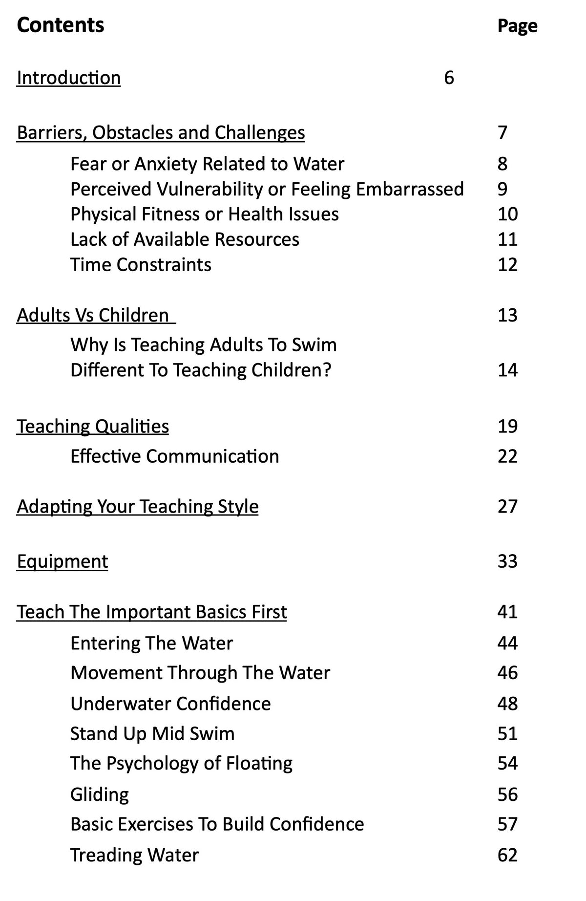 Teaching Adults How To Swim by Mark Young table of contents 