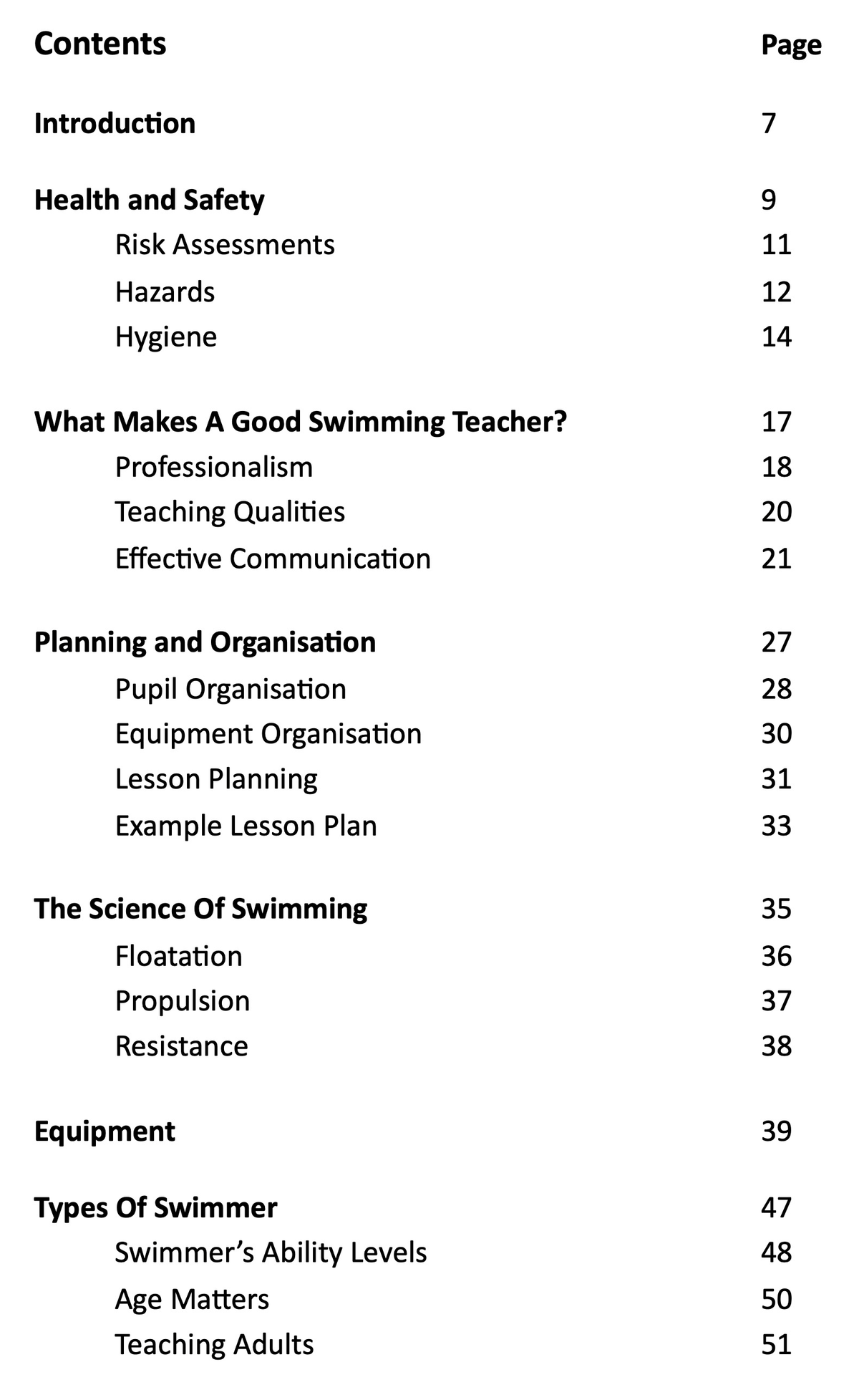 How To Be A Swimming Teacher contents page 1