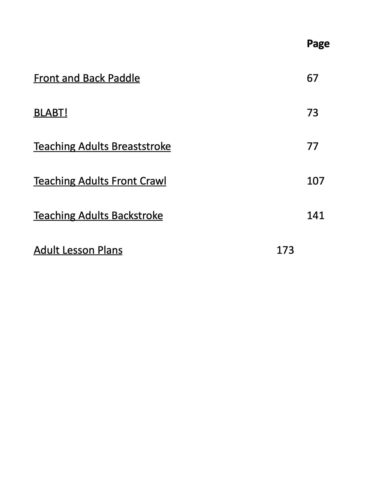 Teaching Adults How To Swim by Mark Young table of contents 2