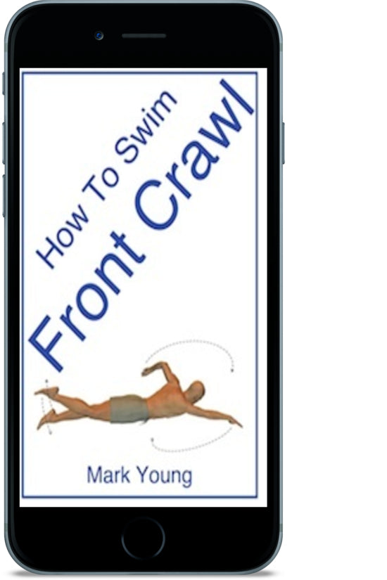 Phone displaying a book cover titled 'How To Swim Front Crawl' by Mark Young on a white background