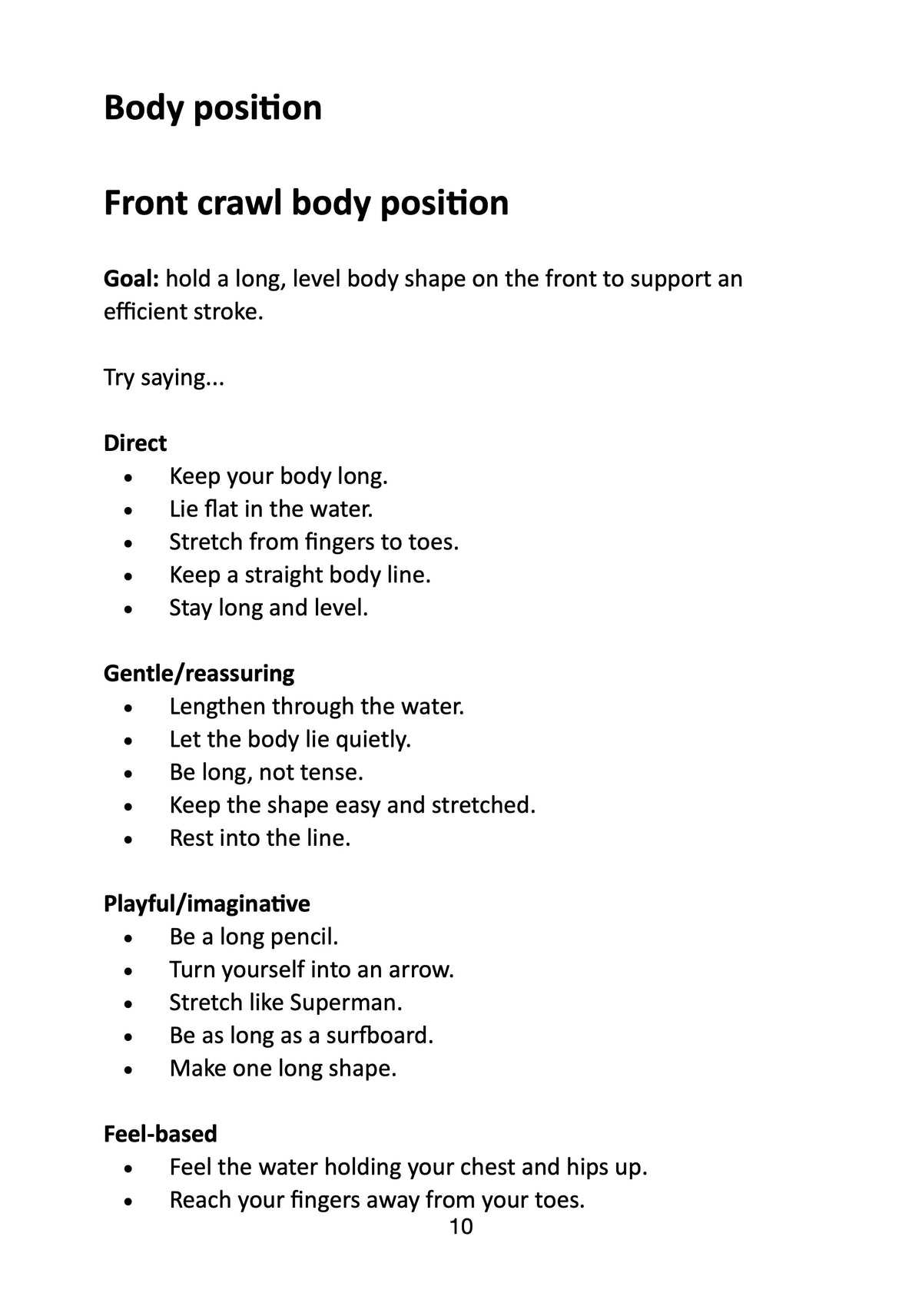 front crawl body position alternative phrases and cues sample page