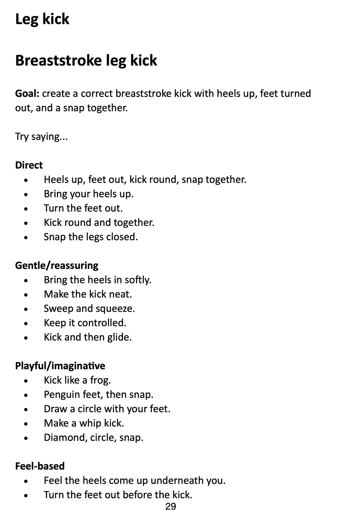Sample breaststroke leg alternative phrases from The Swimming Teachers Phrase Book by Mark Young.