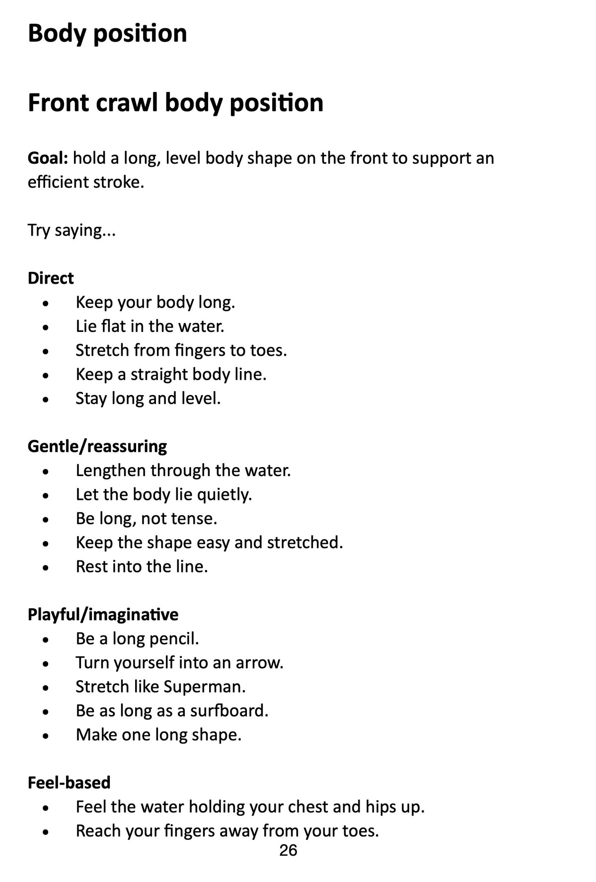 Sample front crawl body position alternative phrases from The Swimming Teachers Phrase Book by Mark Young.