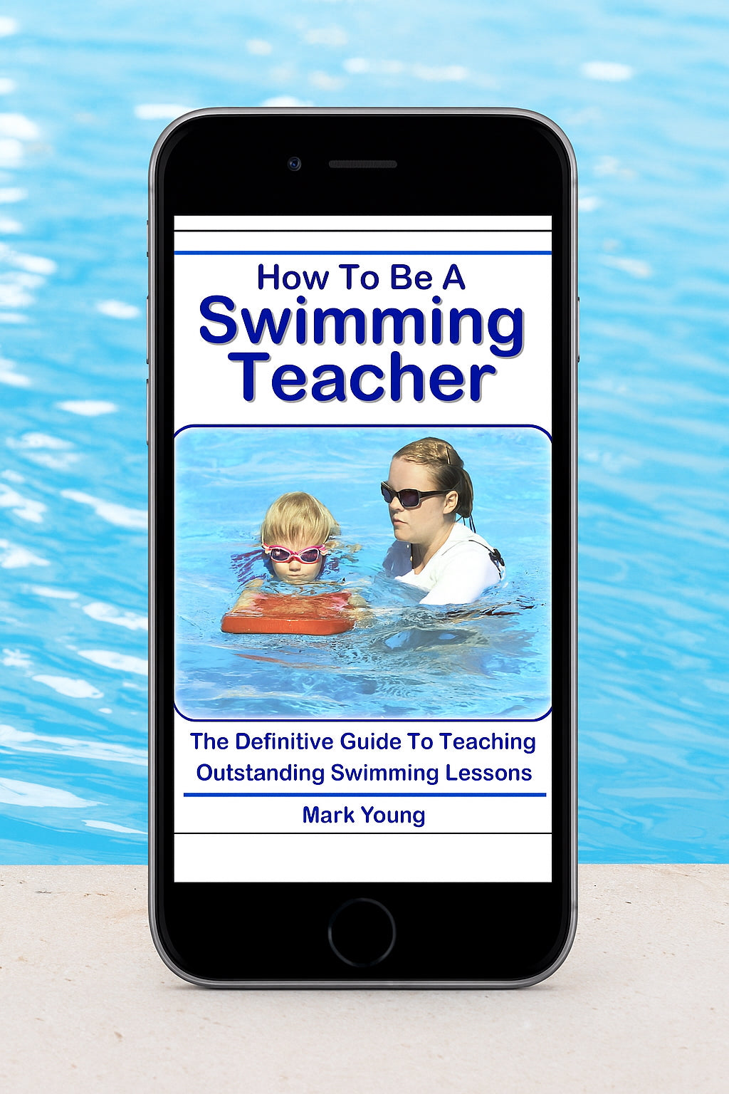 Phone displaying a book cover titled 'How To Be A Swimming Teacher' by Mark Young