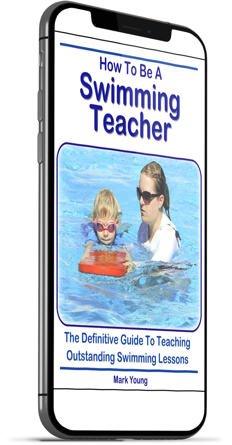 Phone displaying a book cover titled 'How To Be A Swimming Teacher' with an image of a woman and child in a pool.