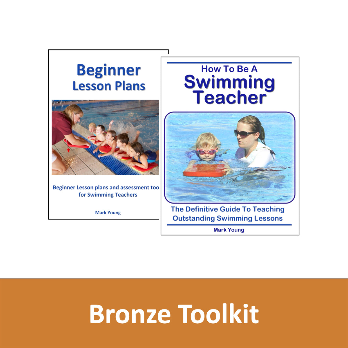 Two books on swimming teaching with images of a teacher and students by a pool, titled 'Beginner Lesson Plans' and 'How To Be A Swimming Teacher'.