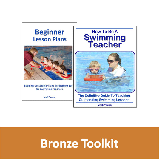 Two books on swimming teaching with images of a teacher and students by a pool, titled 'Beginner Lesson Plans' and 'How To Be A Swimming Teacher'.