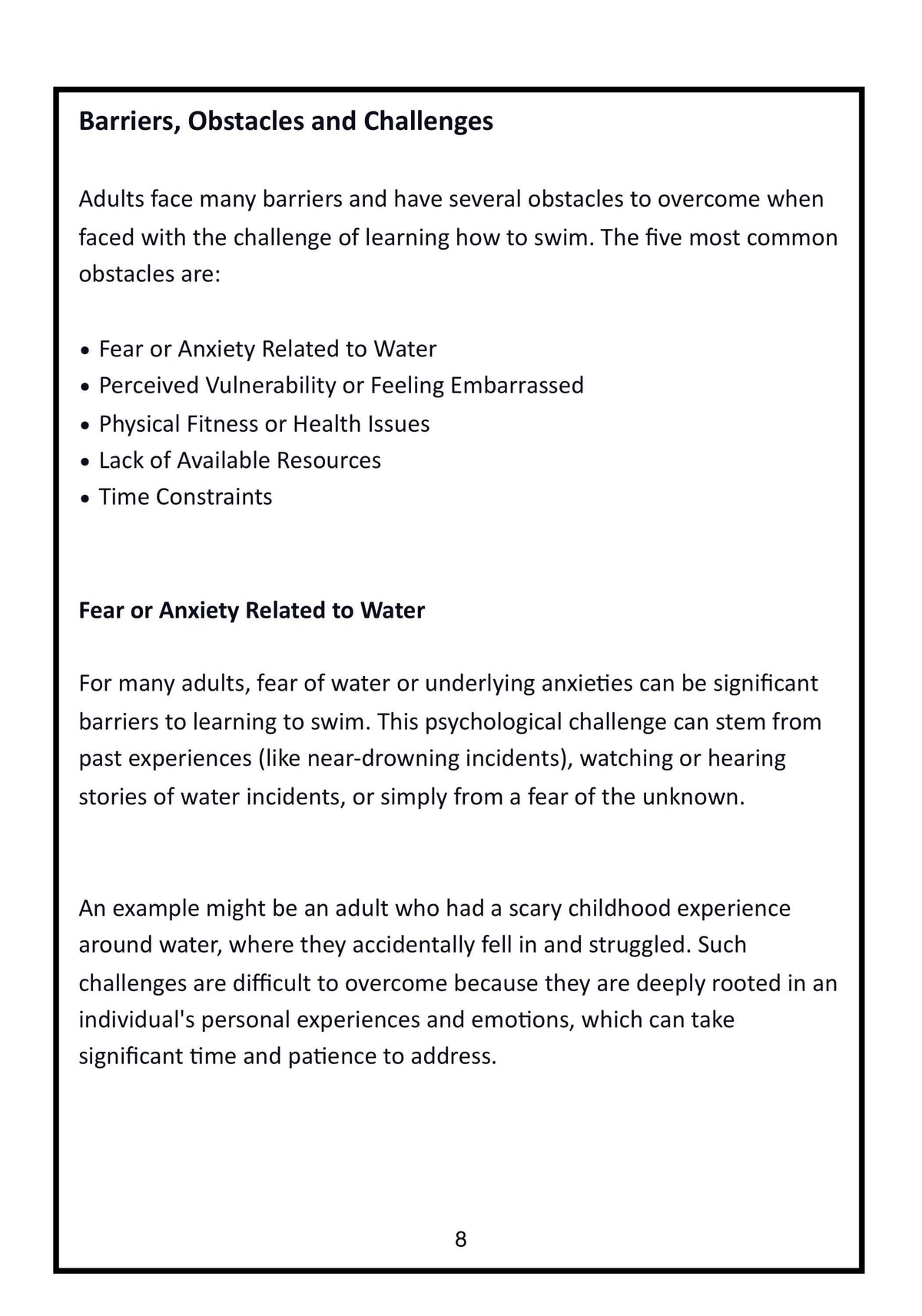 Sample page from Teaching Adults To Swim by Mark Young about fear and anxiety around water. 