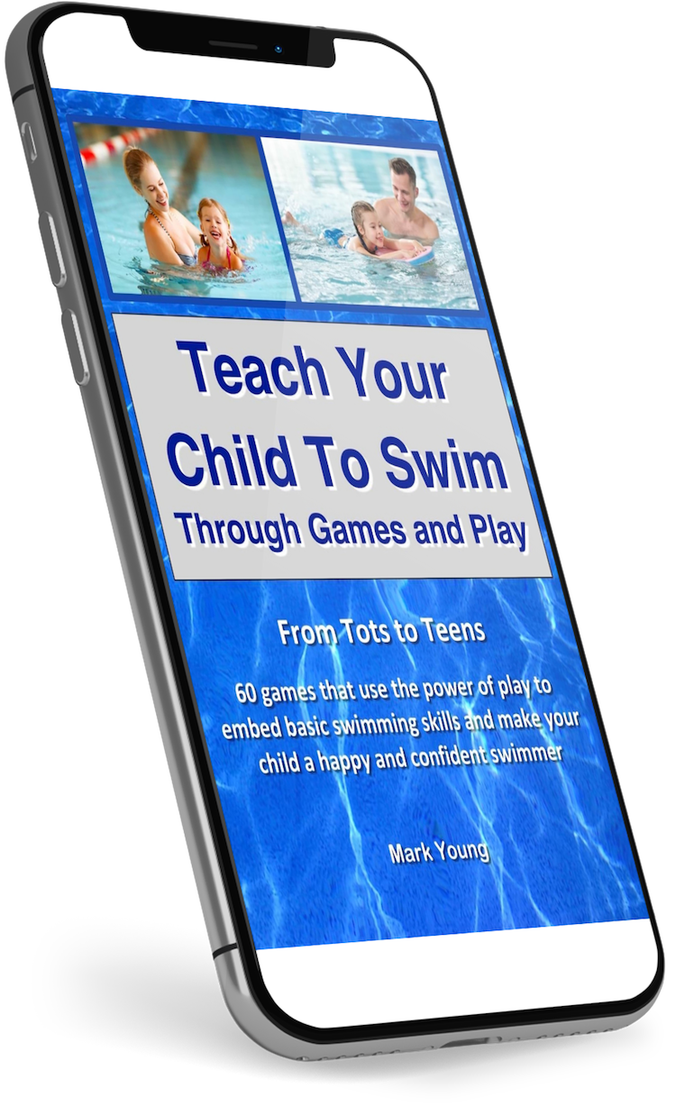 Phone displaying a book titled 'Teach Your Child to Swim Through Games and Play' by Mark Young on a white background.