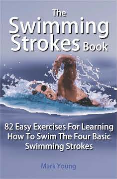 The image displays the cover of the book titled 'The Swimming Strokes Book' by Mark Young, featuring an illustration of a swimmer in the water.