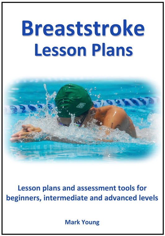 Cover of the 'Breaststroke Lesson Plans' book showing an image of a swimmer in the pool, focusing on beginners to advanced breaststroke techniques.